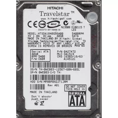 Hitachi 40GB 5.4K Sata 2.5inch Laptop hard disk 0A27472 Hitachi 40GB 5.4K Sata 2.5inch Laptop hard disk 0A27472